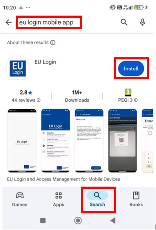 Eu Login mobile app - Searching the store and install - store