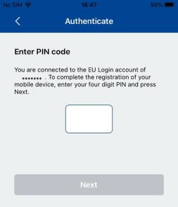 EU Login mobile app - Enter PIN code - short