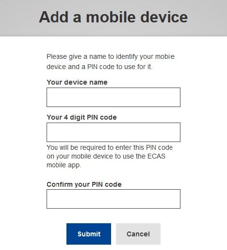 EU Login - Enter device name and PIN code