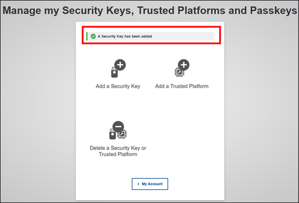 EU Login - Manage my security keys and TPM - Confirmation message