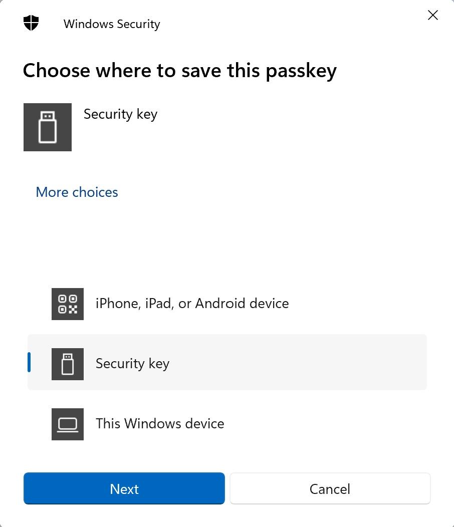 Windows 11 - Passkey Pop up - Security Key